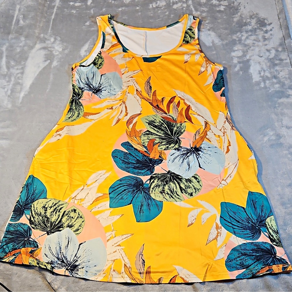 Womens Sleeveless Tank Dress Scoop Neck Knit Stretch Pockets Floral Yellow XL